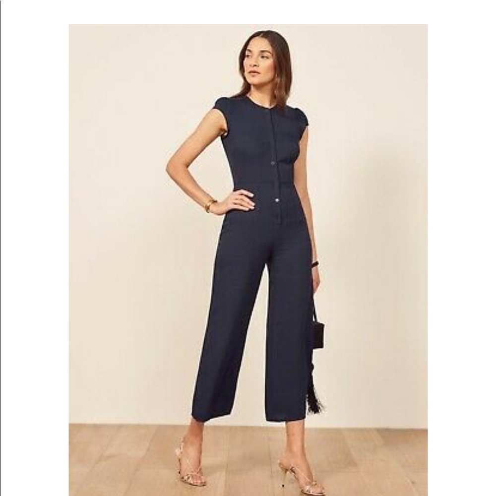 Reformation Navy Blue Button Down Jumpsuit